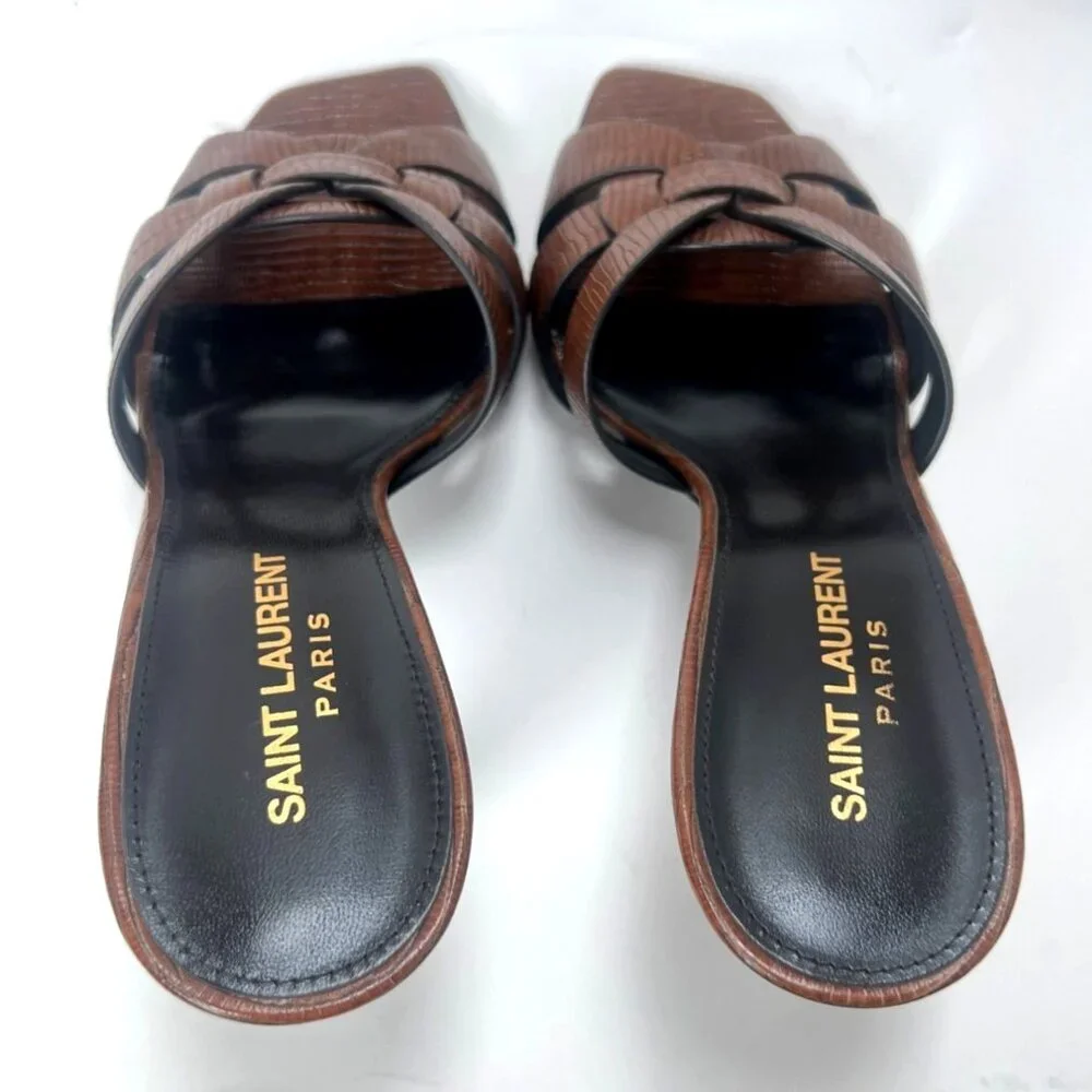 Saint Laurent Tribute Leather Heeled Mules Brown Women Slides Size 37 US7.5 - Picture 5 of 13